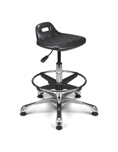 Siège technique FIPPU-H – polyuréthane noir – repose-pieds réglable – roulettes ou patins – base chromée