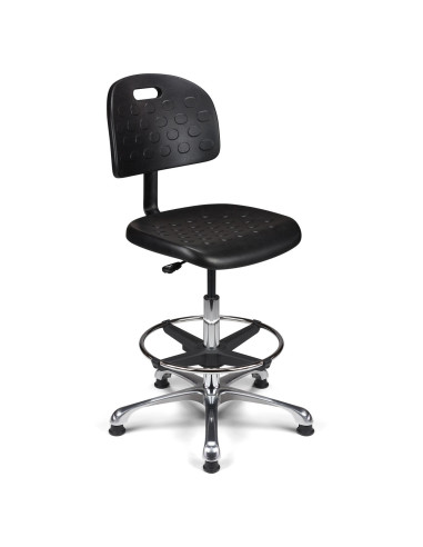 Siège technique CPPU-H – assise et dossier polyuréthane noir – repose-pieds réglable – roulettes ou patins – base chromée