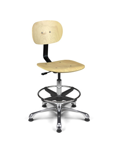 Siège technique LABO-H – assise et dossier en hêtre naturel – repose-pieds réglable – roulettes ou patins – base chromée