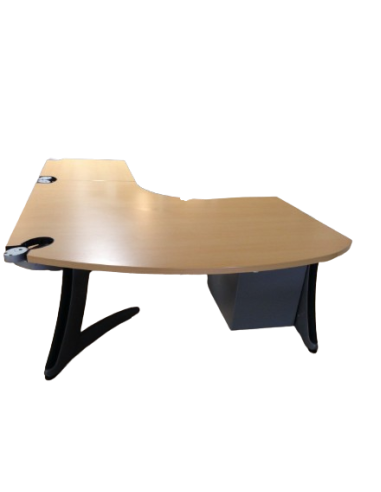 Bureau courbe compact 90° avec retour et caisson – seconde main – hêtre clair – piétement gris perle