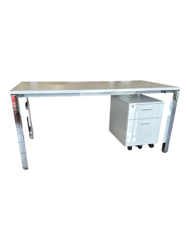 BUREAU PLAN DE TRAVAIL BLANC ET PIETEMENT CHROME + CAISSON SUR ROULETTES