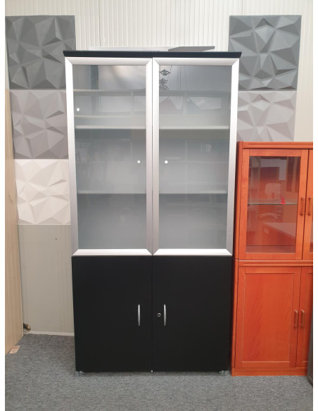 ARMOIRE HAUTE AVEC VITRINE - seconde main - coloris noir - 2 portes vitrées - 2 portes battantes