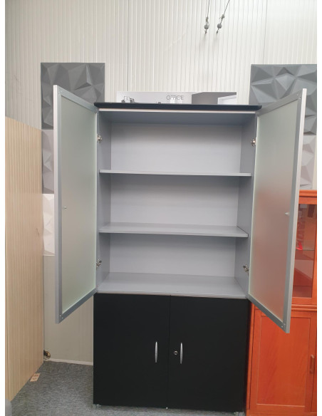 ARMOIRE HAUTE AVEC VITRINE - seconde main - coloris noir - 2 portes vitrées - 2 portes battantes