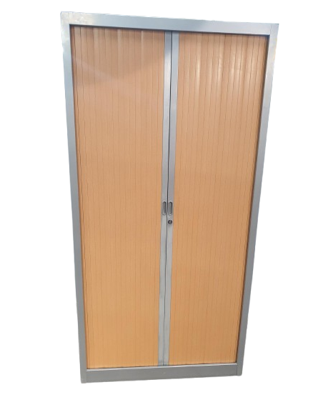 ARMOIRE HAUTE A RIDEAUX GRIS ET BOIS - seconde main - coloris corps gris - rideaux bois - dimensions L90 x H180 x P44 cm