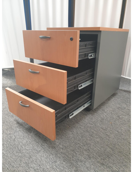 CAISSON BUREAU 3 TIROIRS - seconde main - coloris merisier et gris - roulettes - H60xl43xp43cm
