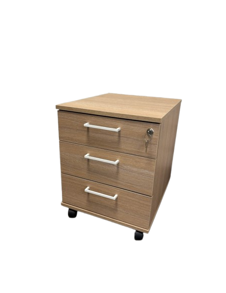 CAISSON BUREAU OPTIMA 3 TIROIRS - destockage - coloris chêne ambré mélaminé - poignées blanches -