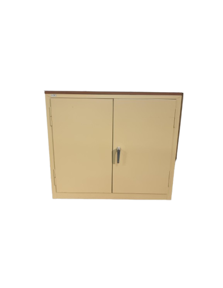 ARMOIRE METAL BEIGE - seconde main - 2 portes battantes - top bois marron - dimensions L98 x P34 x H86 cm